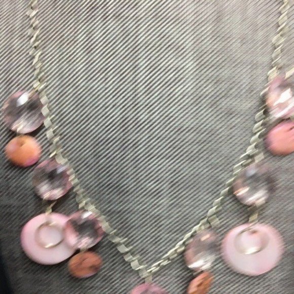 Pink Shell Necklace Mother Of Pearl Silver Chain Circle Faceted Crystal Dangles - Picture 3 of 6